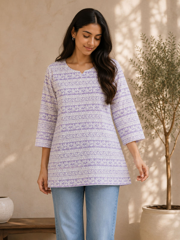 Lavander Strips Cotton Short Kurta
