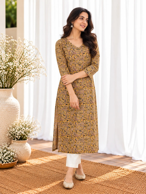 Mustard Black Paisley Kalamkari Cotton Handblock Straight Kurta