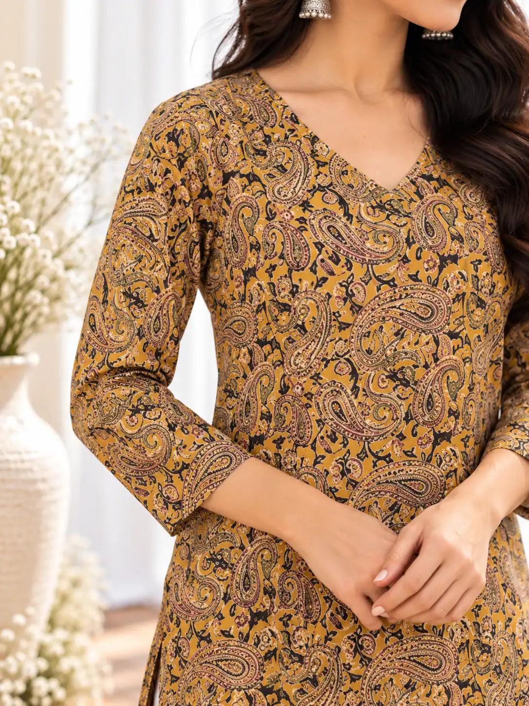Mustard Black Paisley Kalamkari Cotton Handblock Straight Kurta