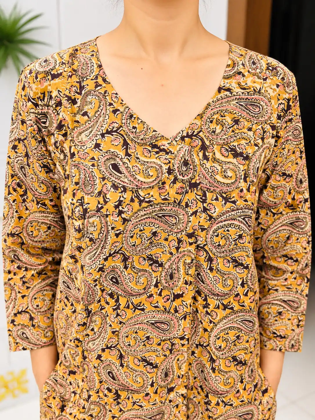 Mustard Black Paisley Kalamkari Cotton Handblock Straight Kurta