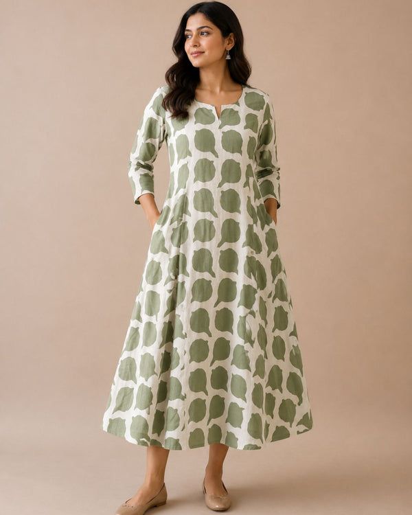 Half White & Olive Green A-line Kurta