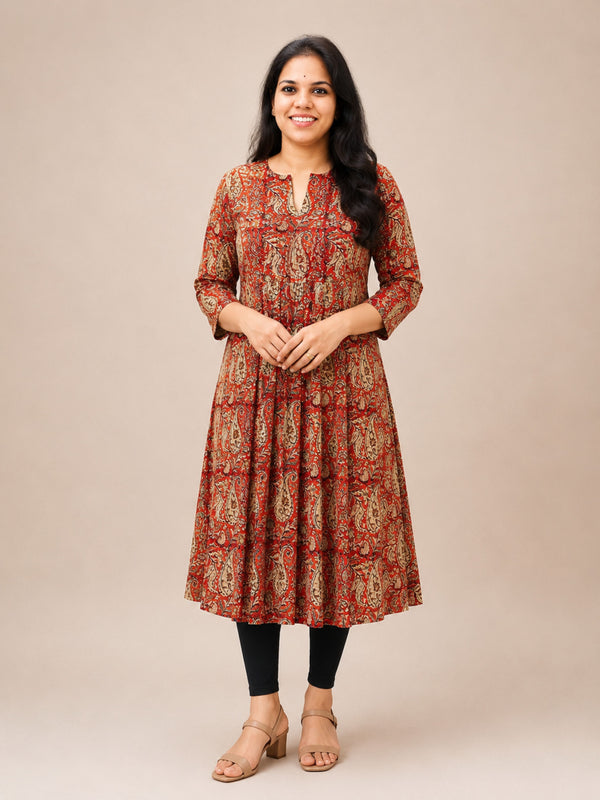 Red Kalamkari Block Printed Pleated A-Line Kurta