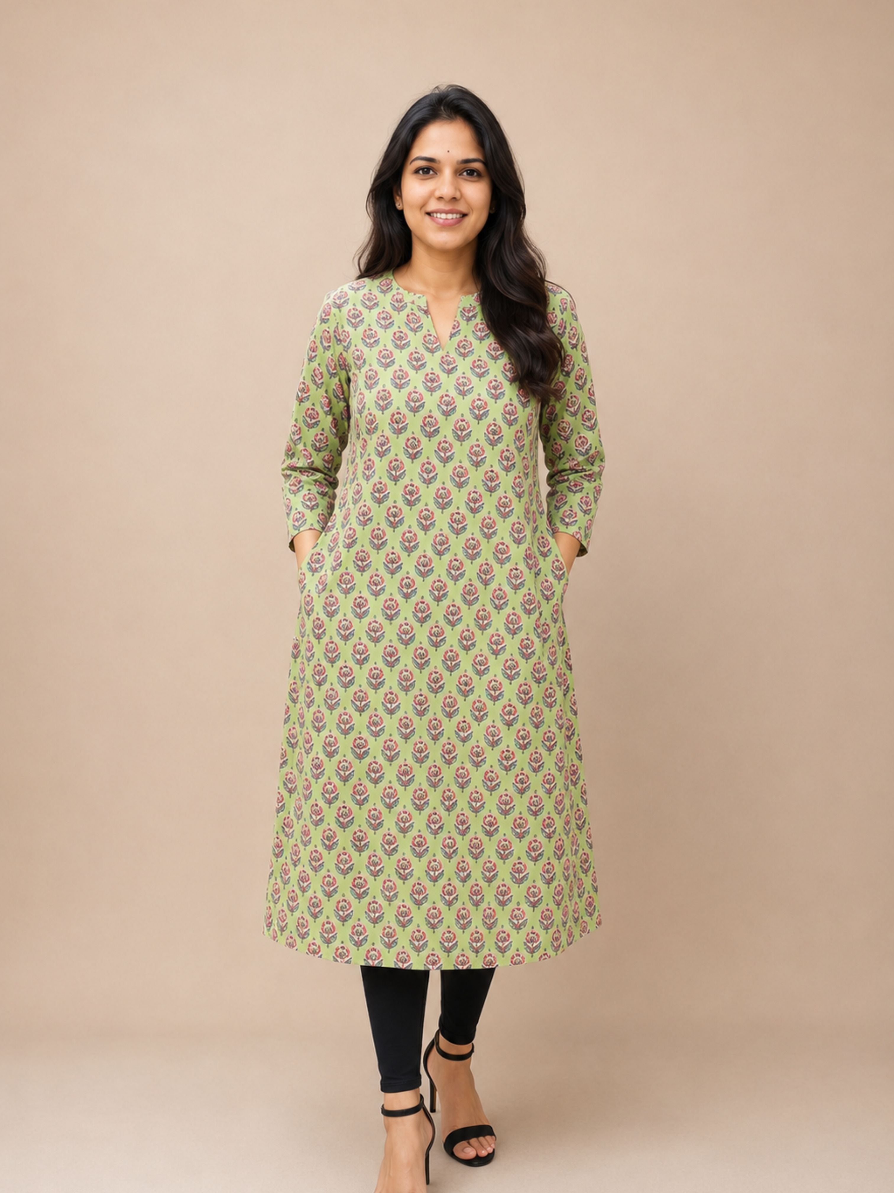Pale Olive Green Bagru Block Printed A-Line Kurta