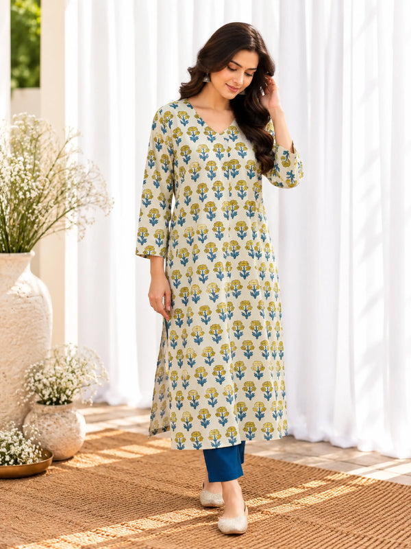 Off White Blue Marigold Jahota Cotton Handblock Straight Kurta