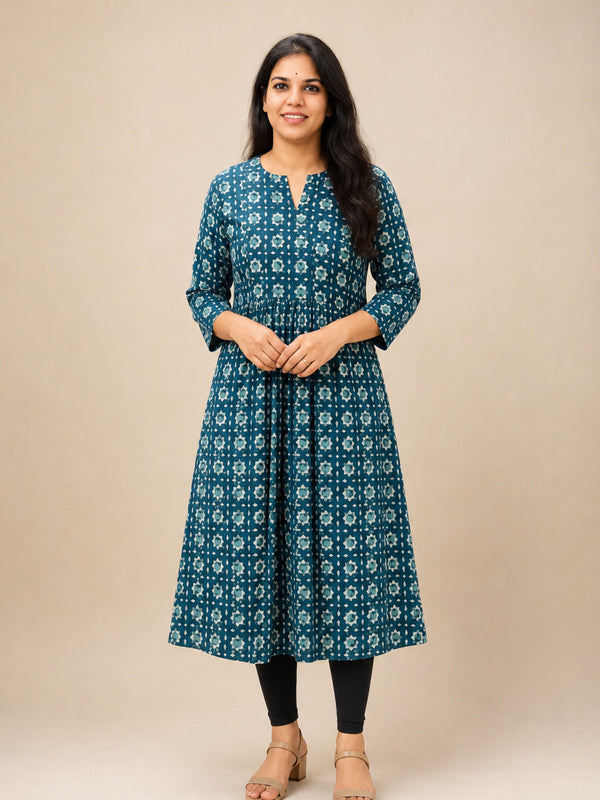 Teal Dabu Pleated A-Line Kurta