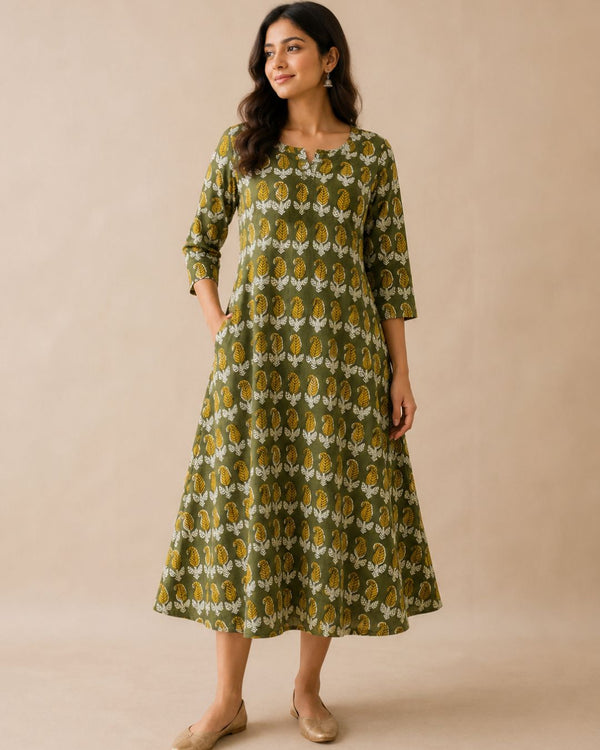 Olive Green Bagru A-line Kurta