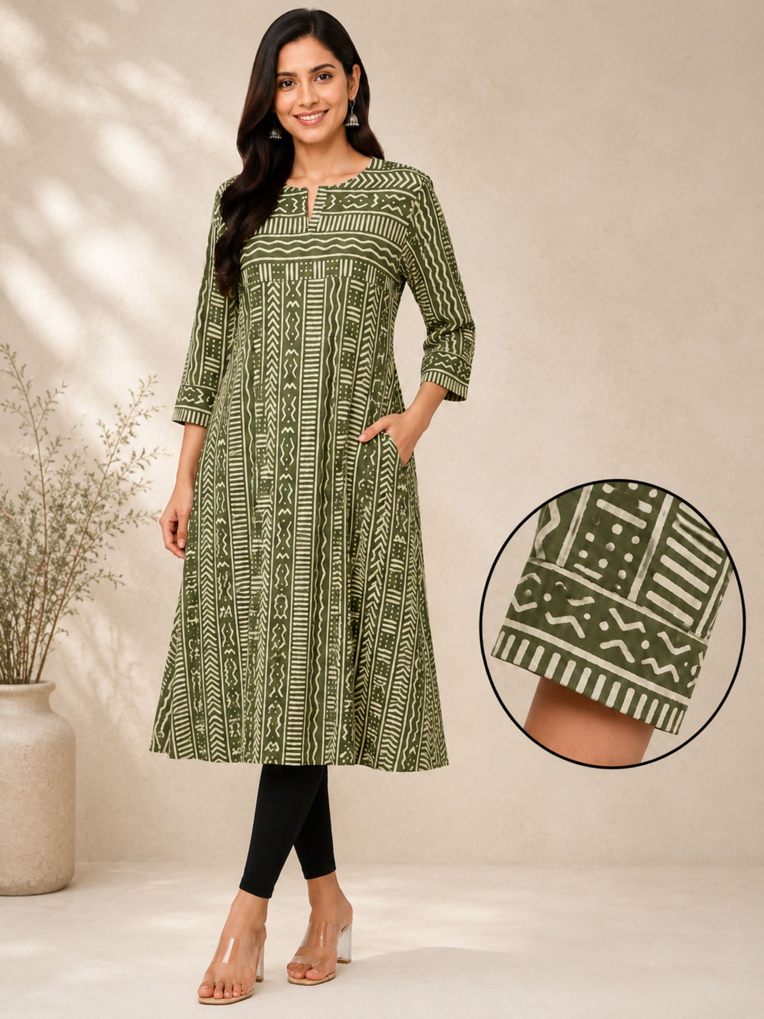 Olive Green Dabu A-Line Kurta