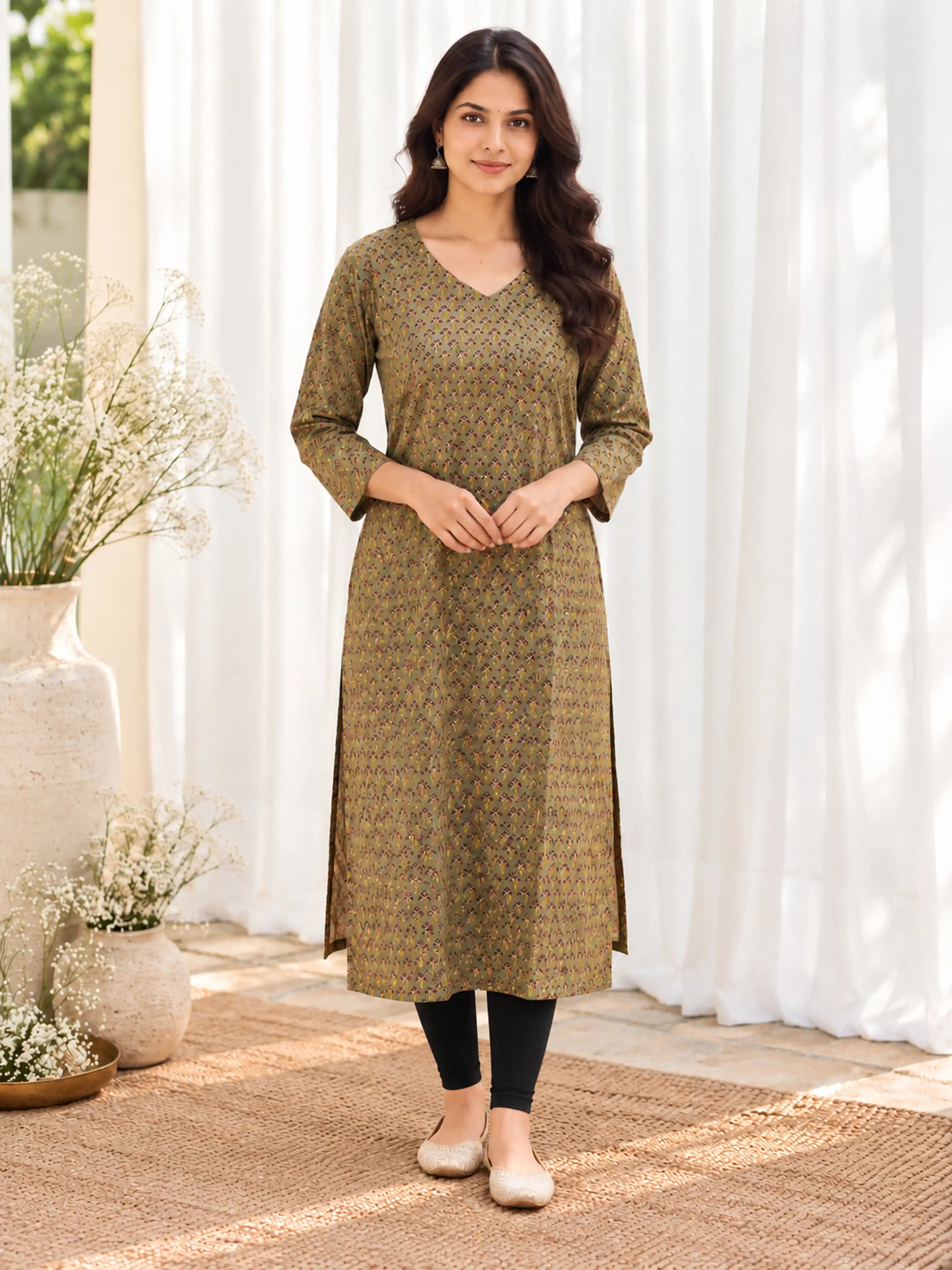 Green Buti Bagru Kalamkari Cotton Handblock Straight Kurta