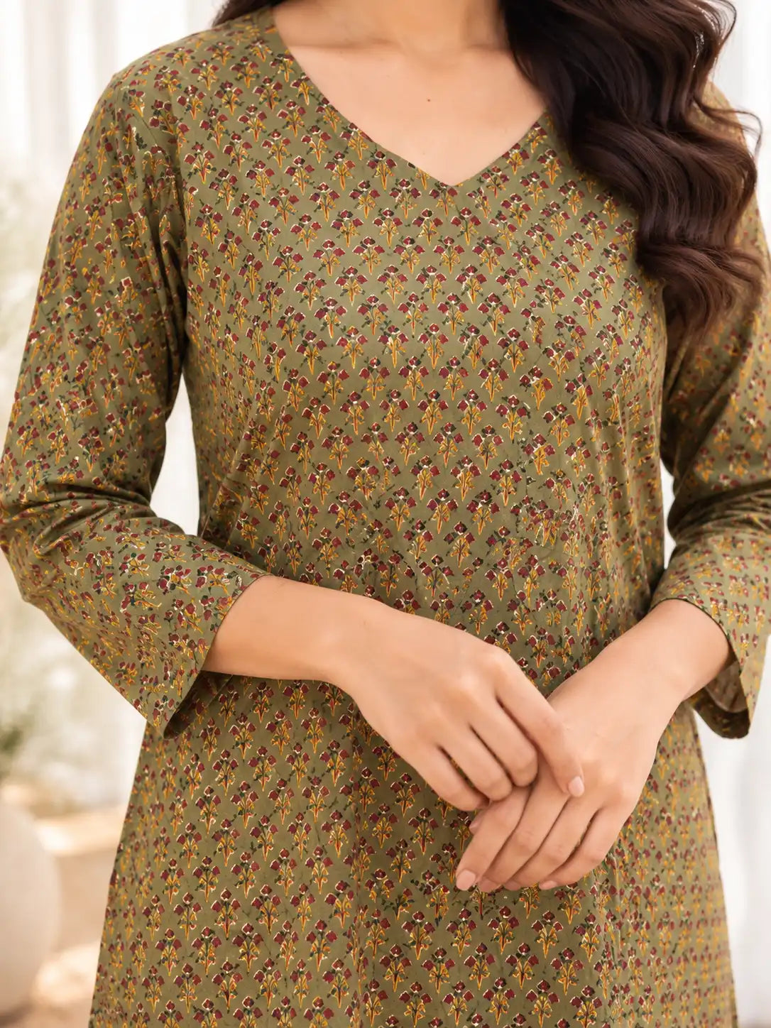 Green Buti Bagru Kalamkari Cotton Handblock Straight Kurta