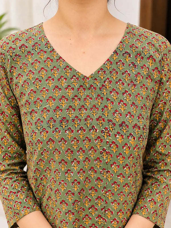 Green Buti Bagru Kalamkari Cotton Handblock Straight Kurta