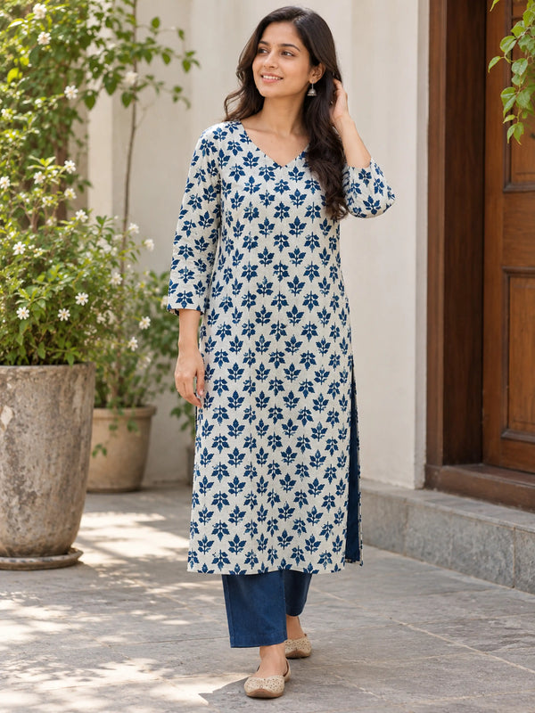 Indigo Leaf Buti Cotton Handblock Straight Kurta