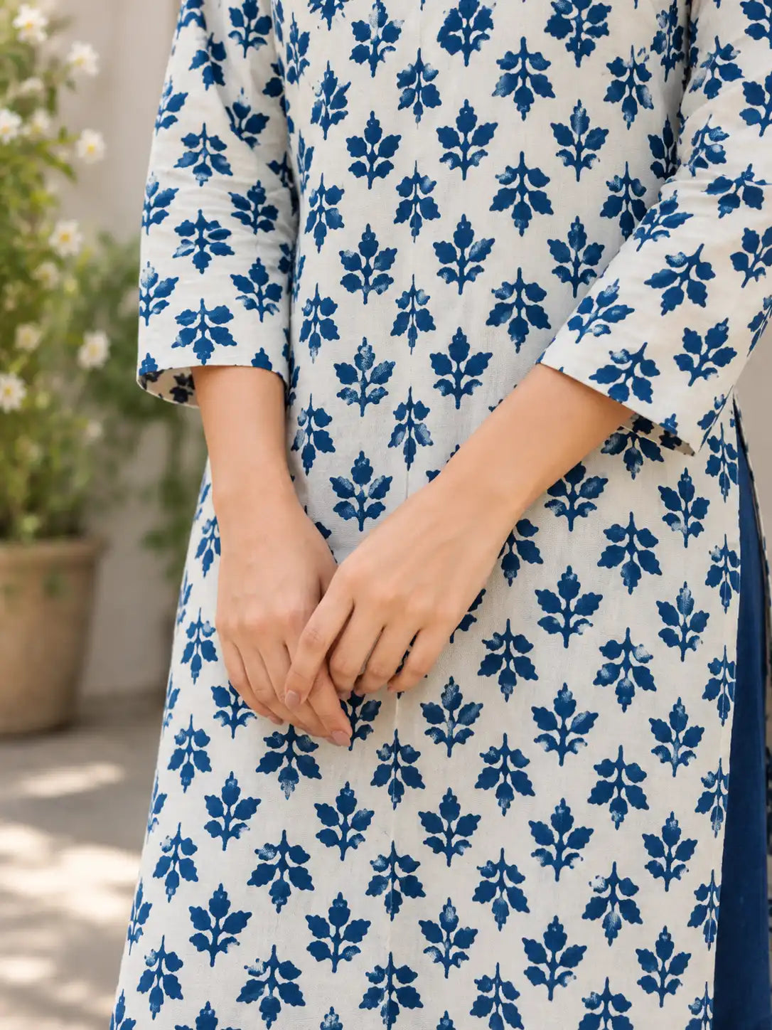 Indigo Leaf Buti Cotton Handblock Straight Kurta