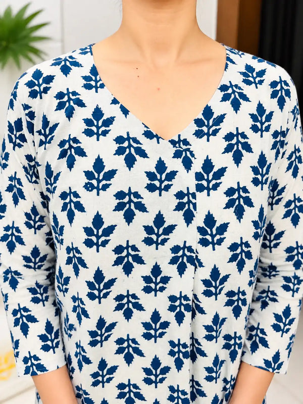Indigo Leaf Buti Cotton Handblock Straight Kurta