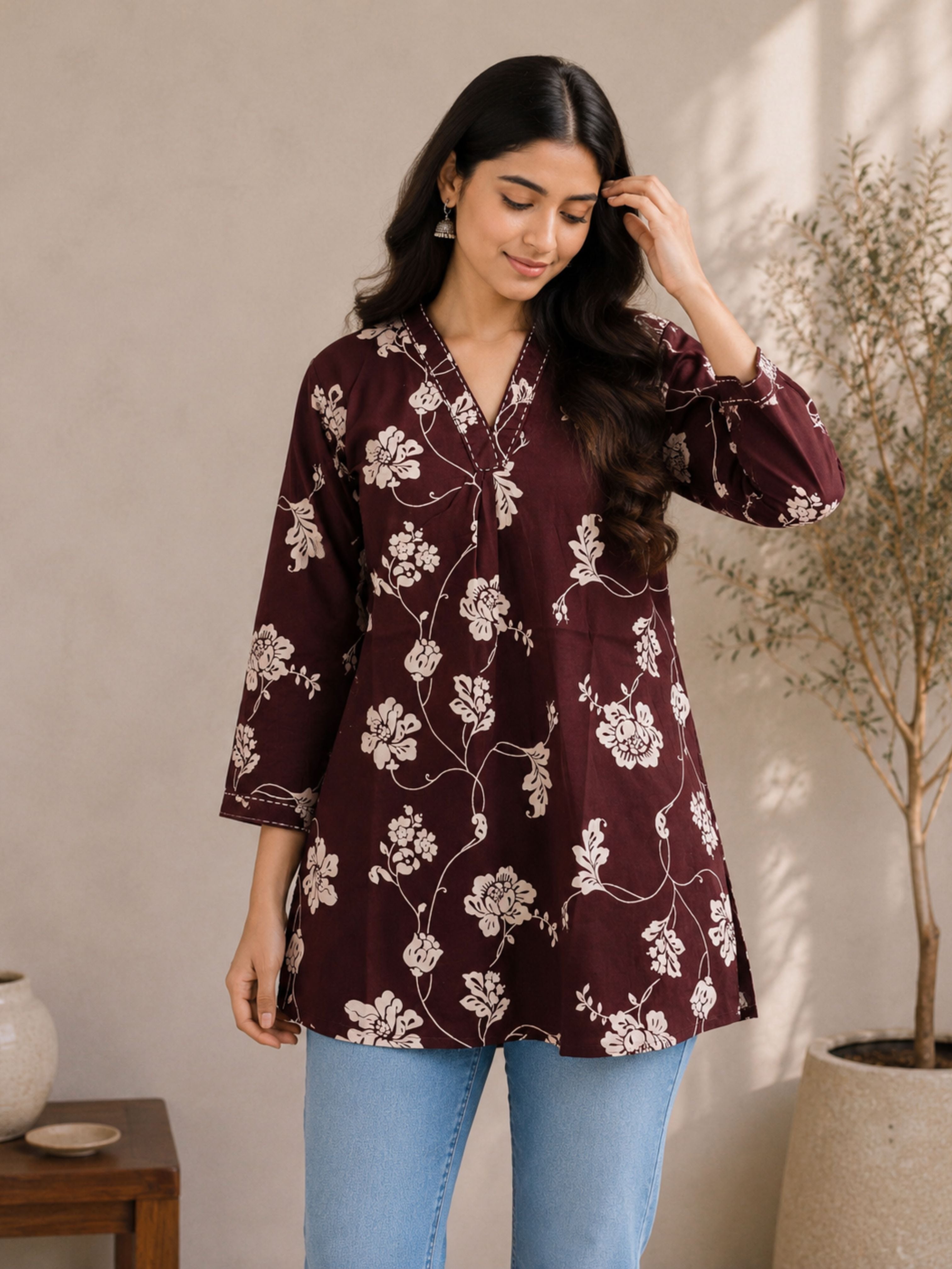 Brown With White Floral Cotton Short Kurta