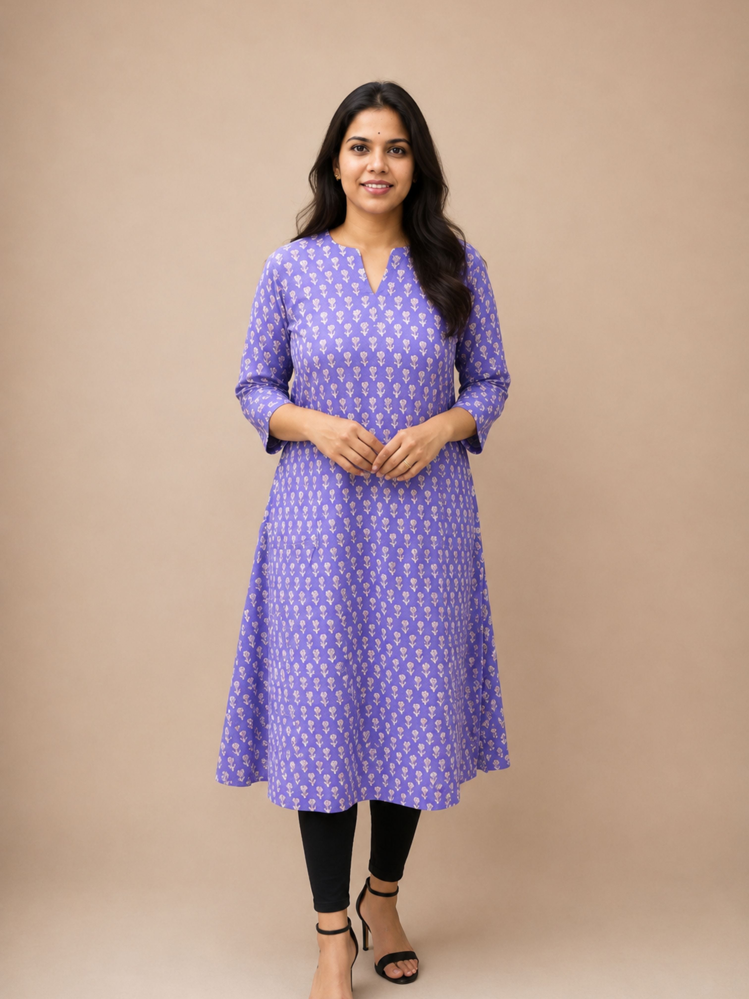 Lavender Bagru Block Printed A-Line Kurta