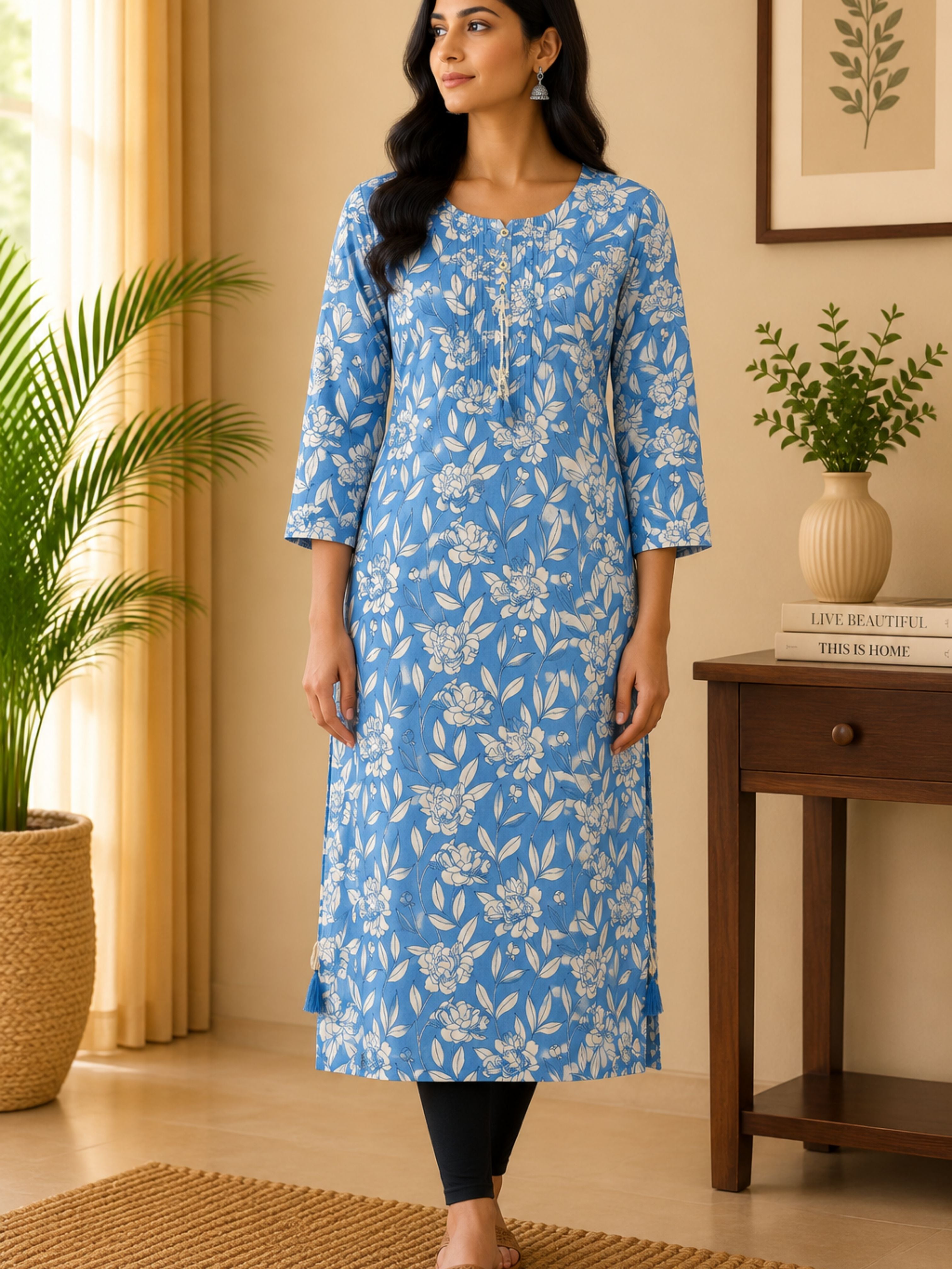 Blue Cotton Kurta With Tassels