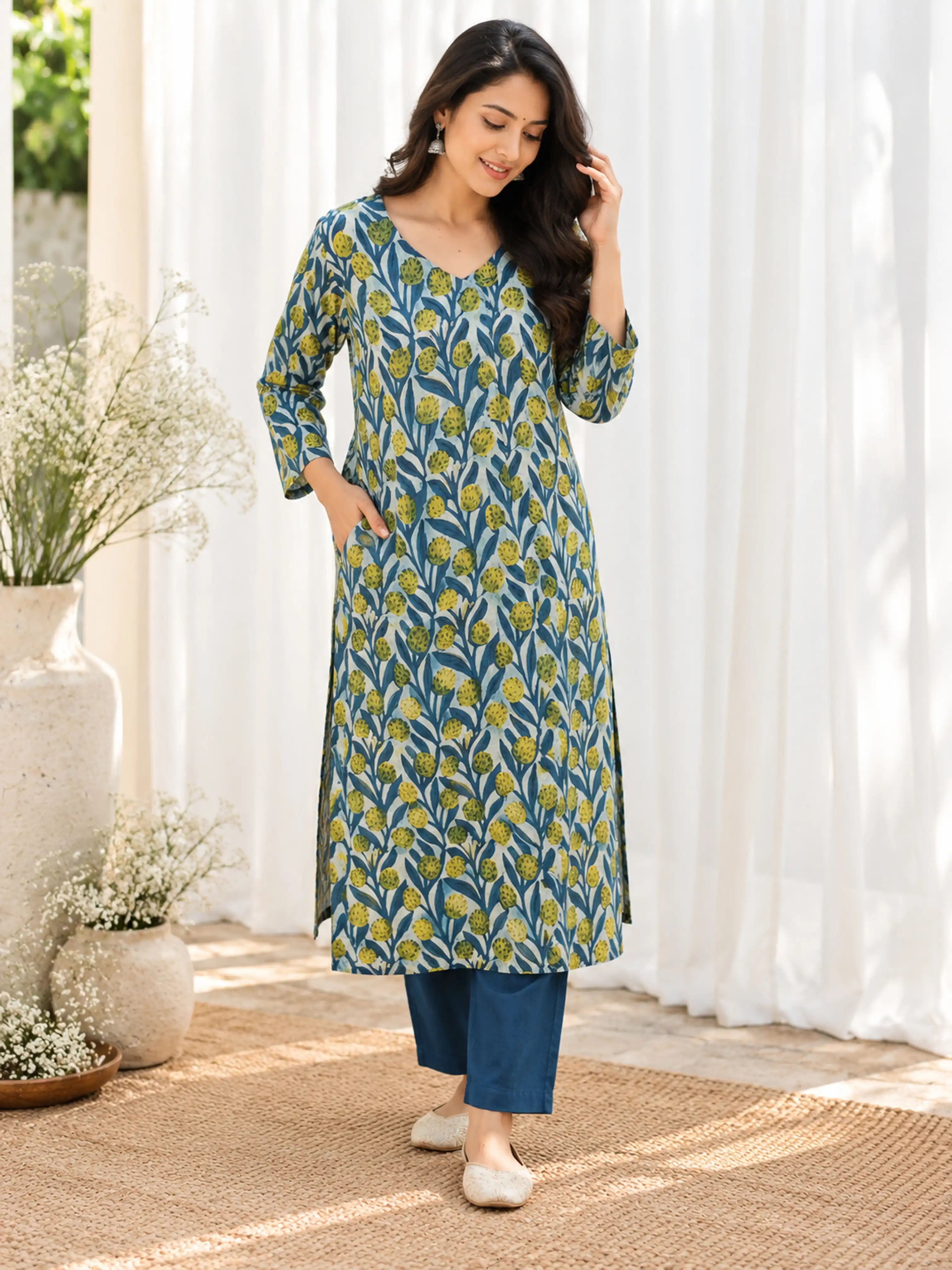 Blue & Lime Green Bagru & Dabu Handblock Printed Straight Cut Cotton Kurta