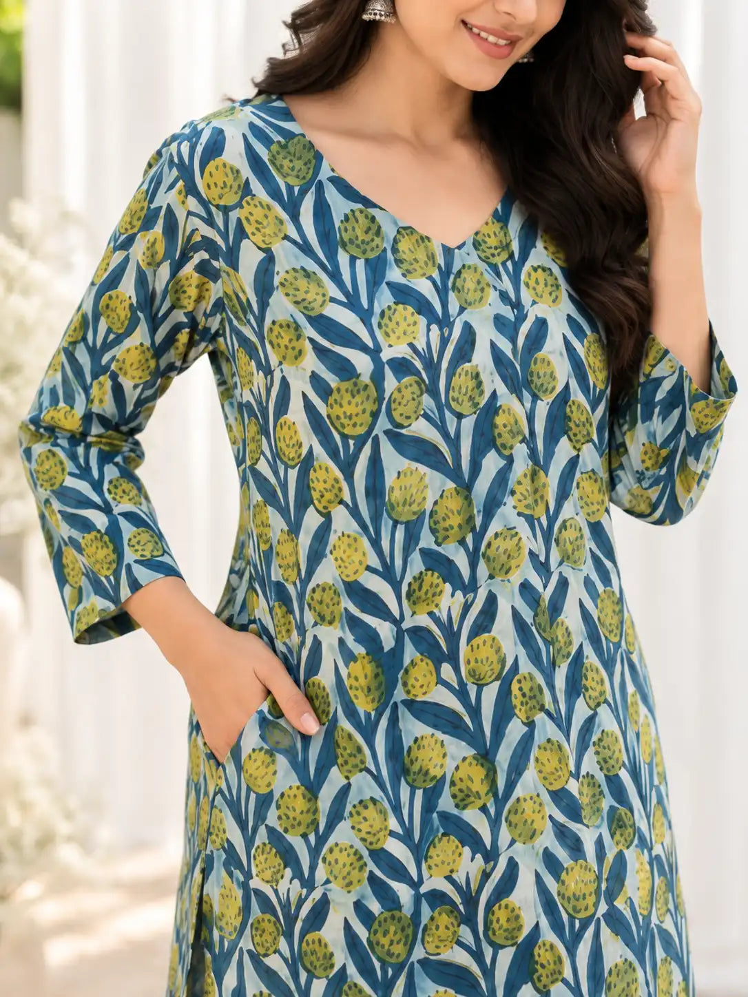 Blue & Lime Green Bagru & Dabu Handblock Printed Straight Cut Cotton Kurta