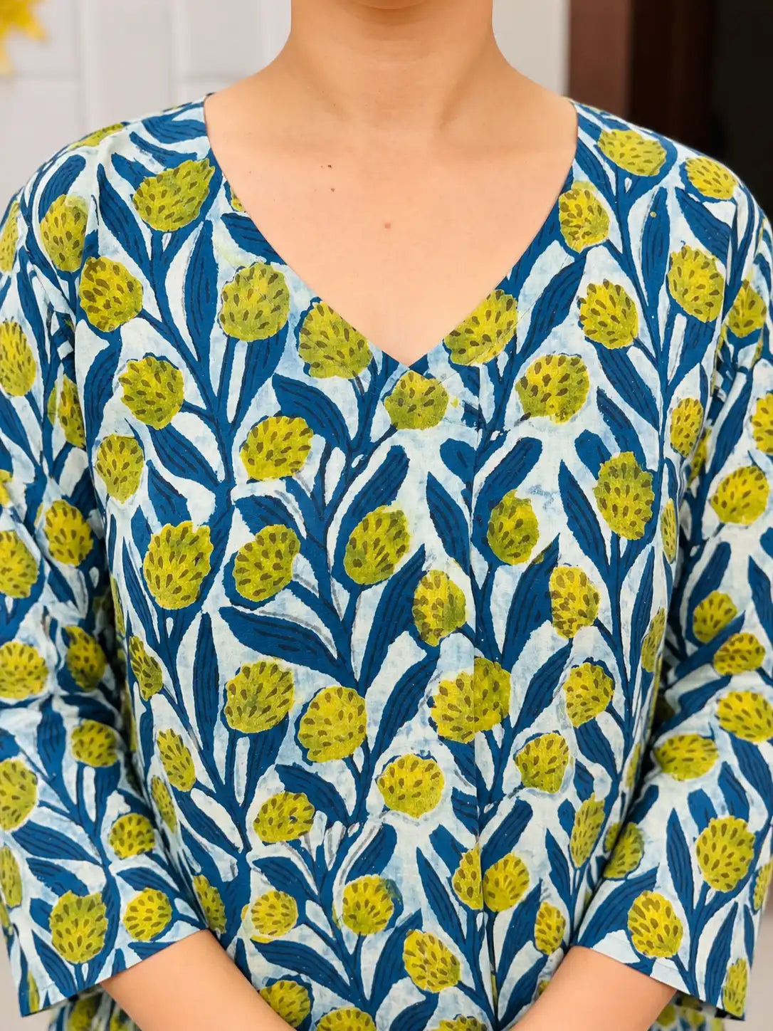 Blue & Lime Green Bagru & Dabu Handblock Printed Straight Cut Cotton Kurta