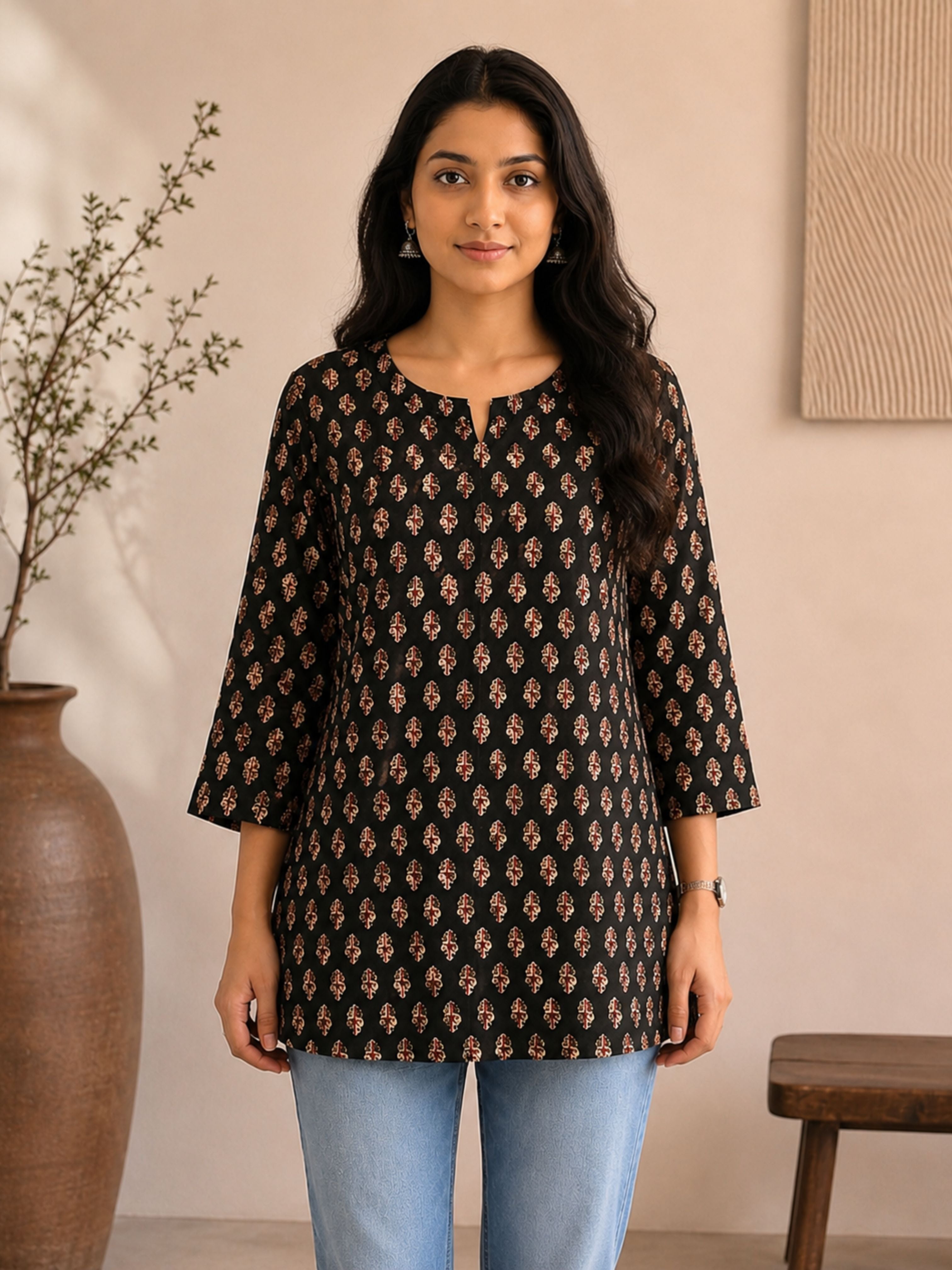 Black Butti Cotton Short Kurta