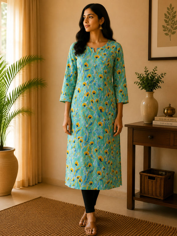 Turquoise Floral Cotton Kurta