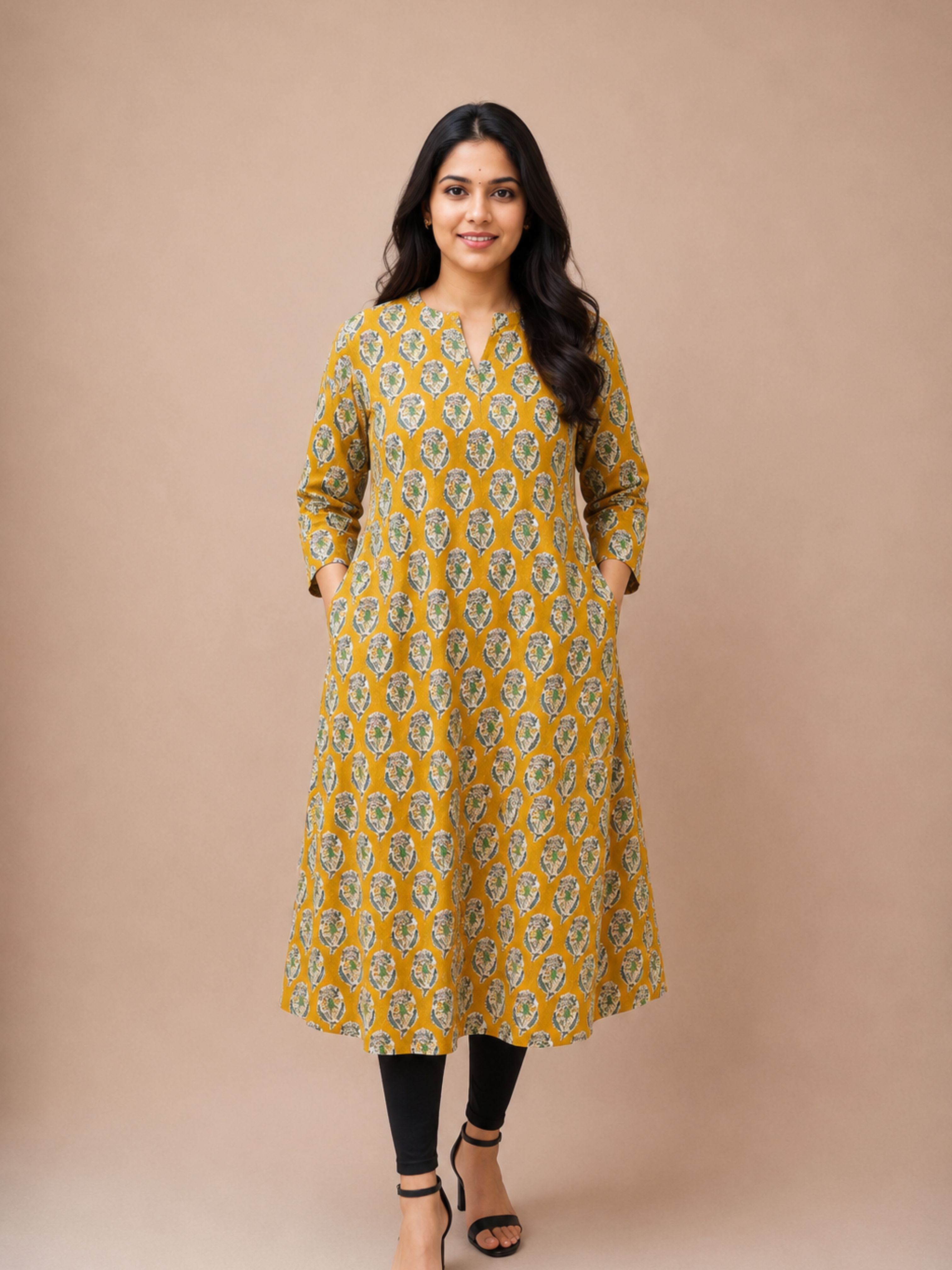 Mustard Bagru Block Printed A-Line Kurta