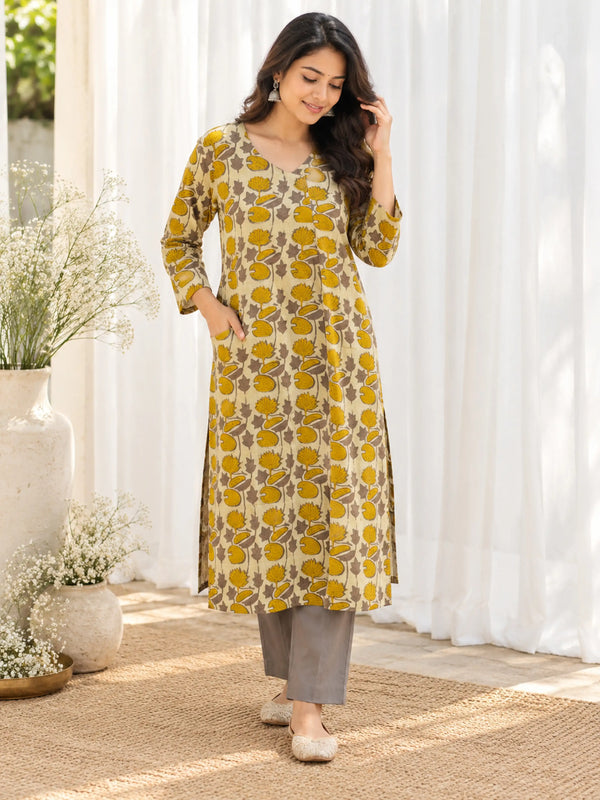Beige Mustard Lotus Bloom Cotton Handblock Straight Kurta