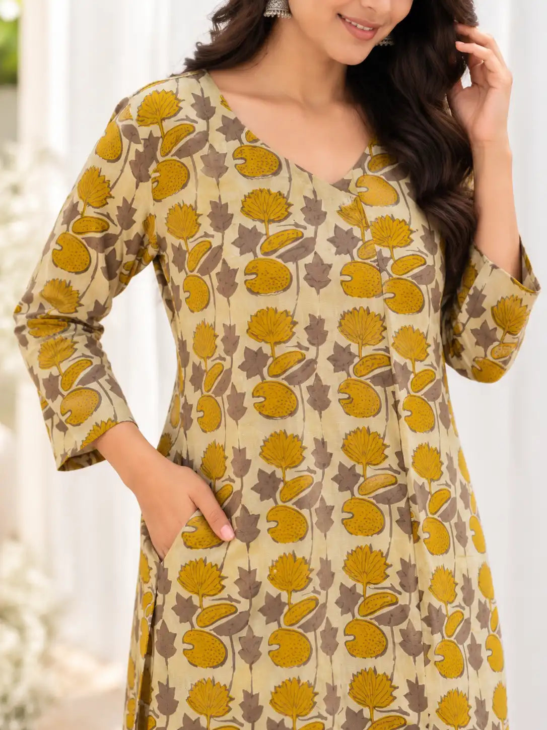 Beige Mustard Lotus Bloom Cotton Handblock Straight Kurta