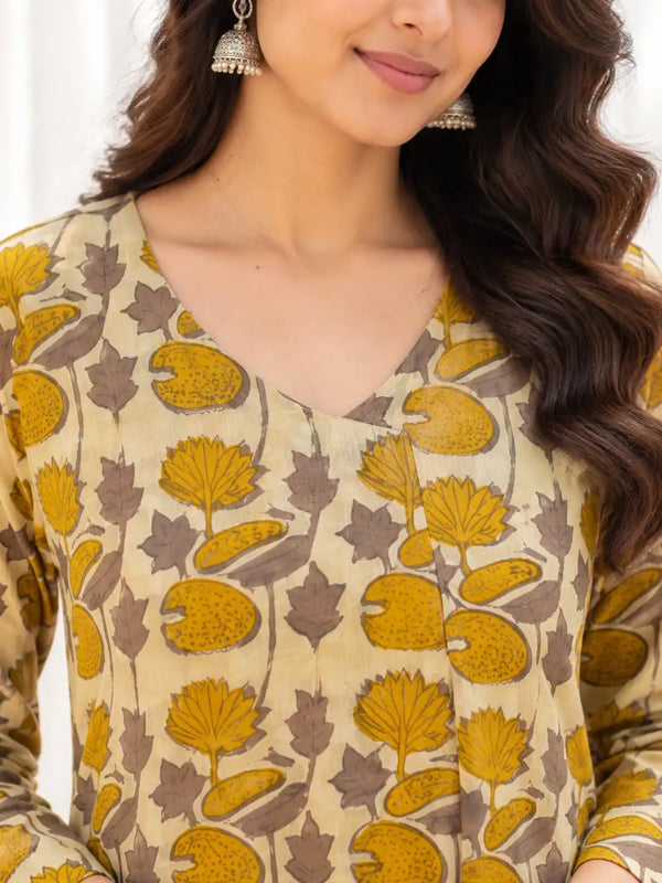 Beige Mustard Lotus Bloom Cotton Handblock Straight Kurta