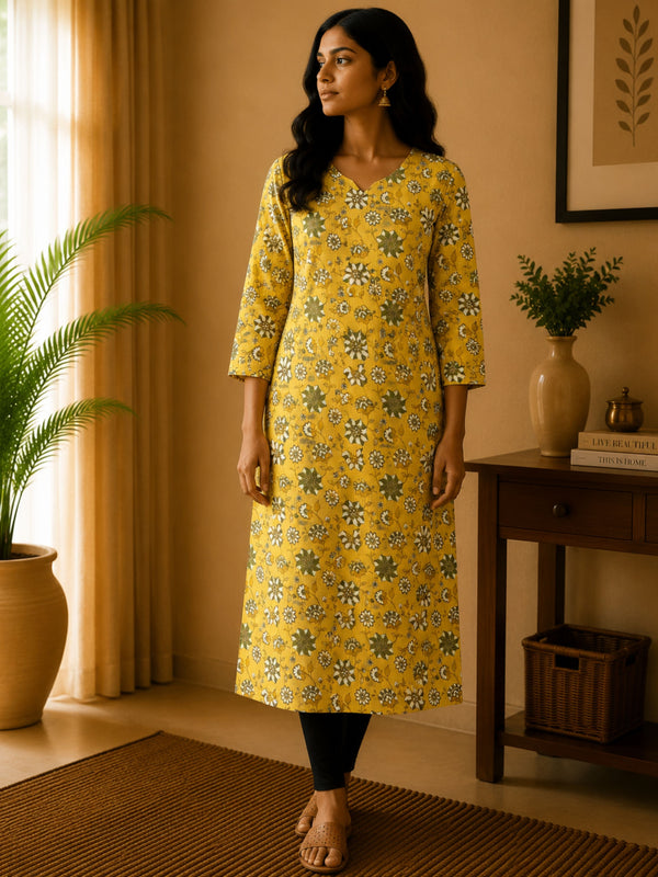 Yellow Floral Cotton Kurta
