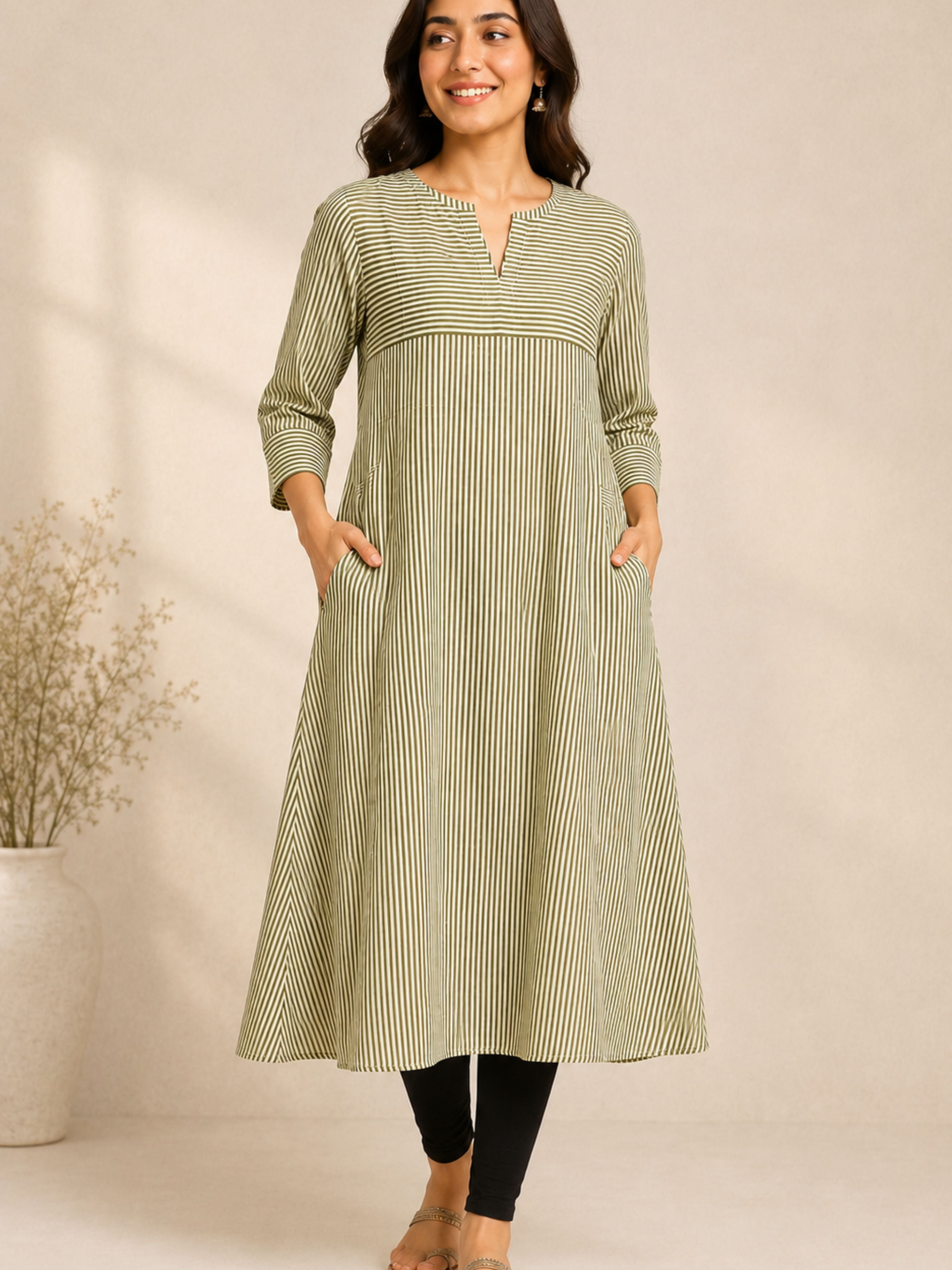 Olive Green Dabu Block Printed A-Line Kurta