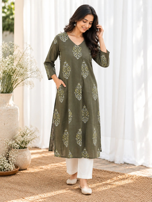 Olive Green Mughal Paisley Sanganeri Handblock Printed Straight Cut Cotton Kurta