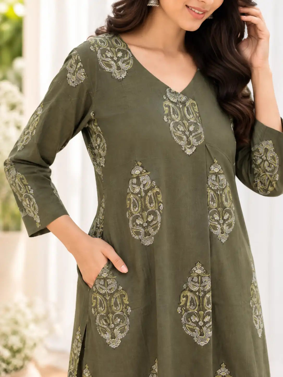 Olive Green Mughal Paisley Sanganeri Handblock Printed Straight Cut Cotton Kurta