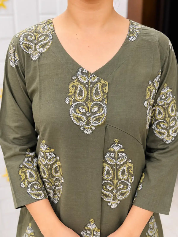 Olive Green Mughal Paisley Sanganeri Handblock Printed Straight Cut Cotton Kurta