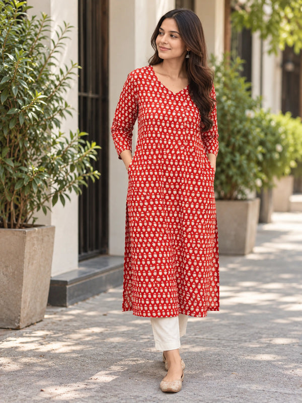 Red Floral Buti Sanganeri Handblock printed straight cut cotton kurta