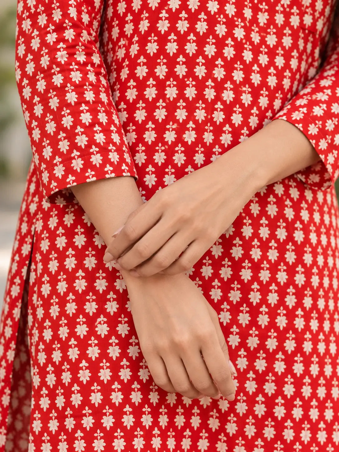 Red Floral Buti Sanganeri Handblock printed straight cut cotton kurta