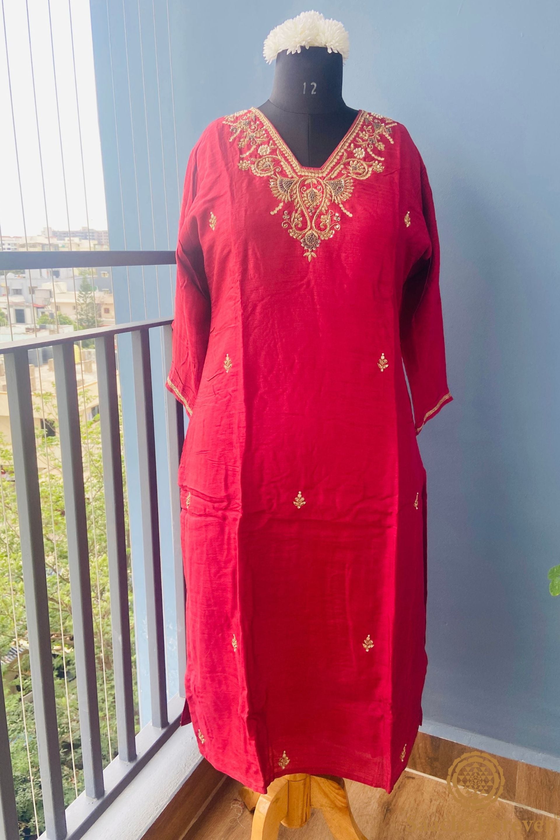 Dusky Red Dola Silk Hand Zardosi suit set - 3 Piece