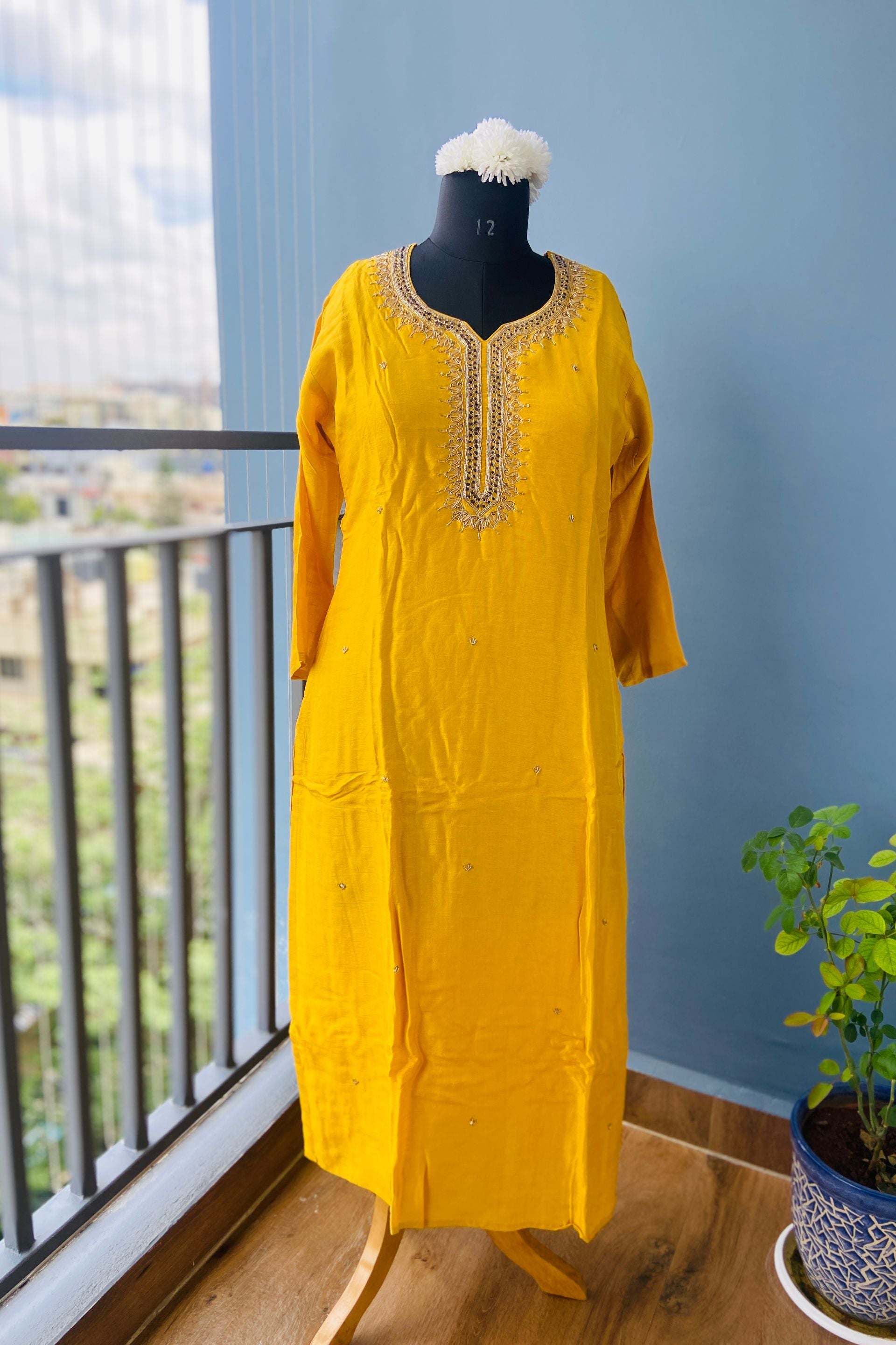 Mustard Yellow Dola Silk Hand zardosi Suit Set - 3 Piece