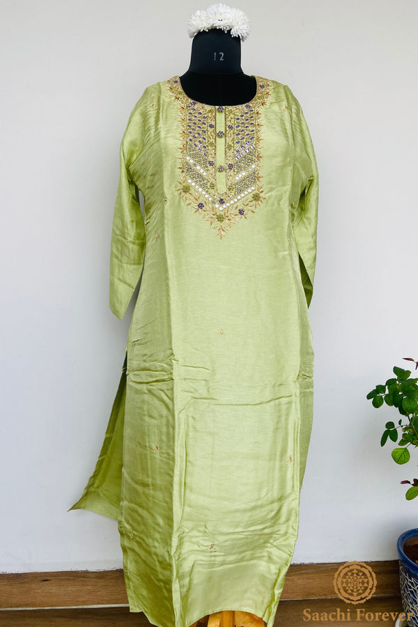 Lime Green Dola Silk Hand Zardosi Suit Set - 3 Piece