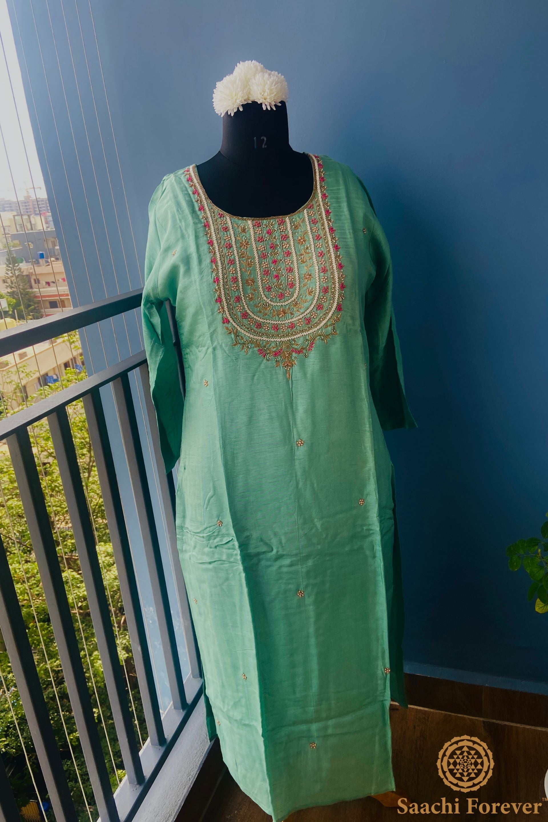 Bluish green Dola Silk Pearl & Hand Zardosi Suit - 3 Piece
