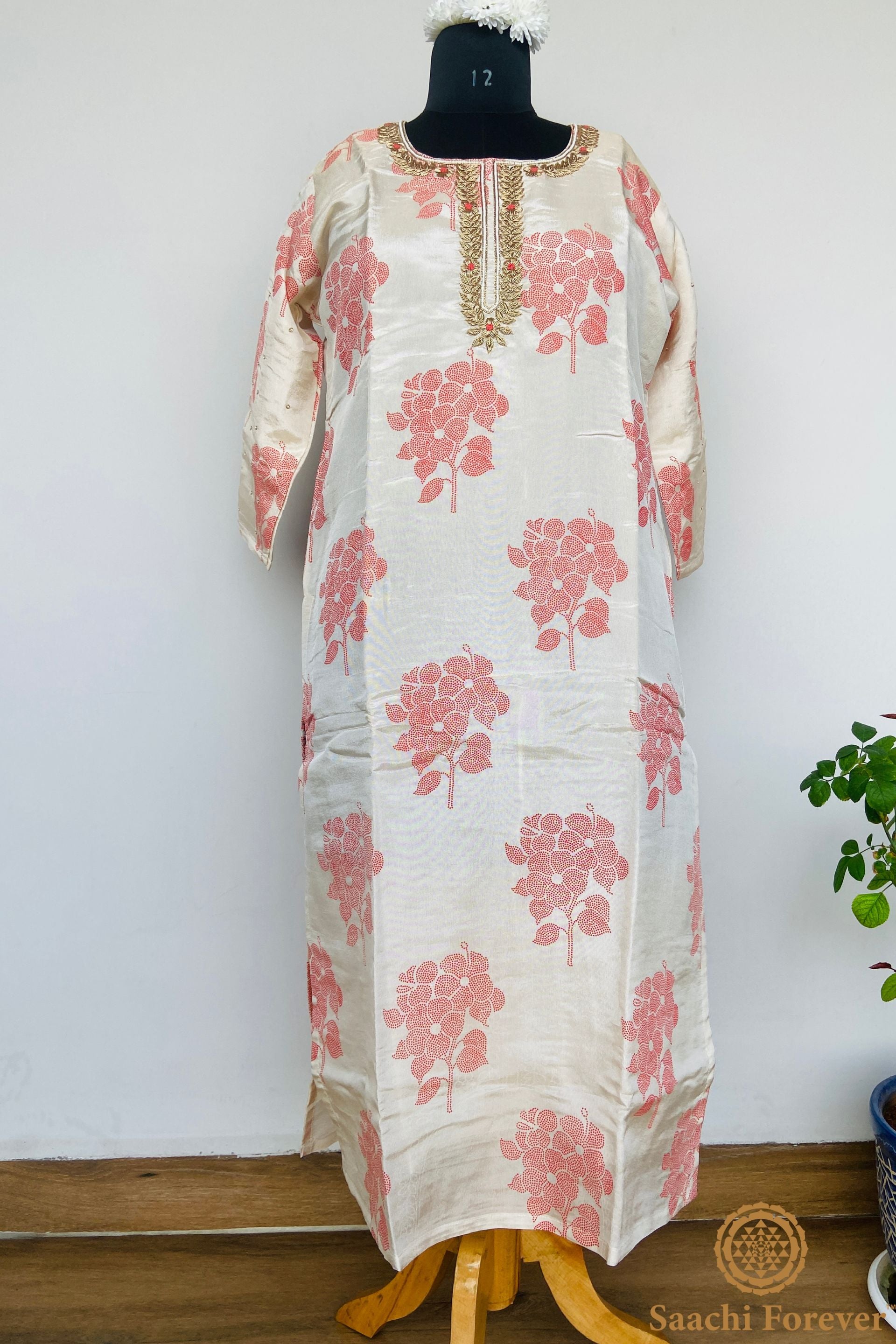 Creamy Shade & Red Shimmer Dola Silk Hand Zardosi Suit - 3 Piece