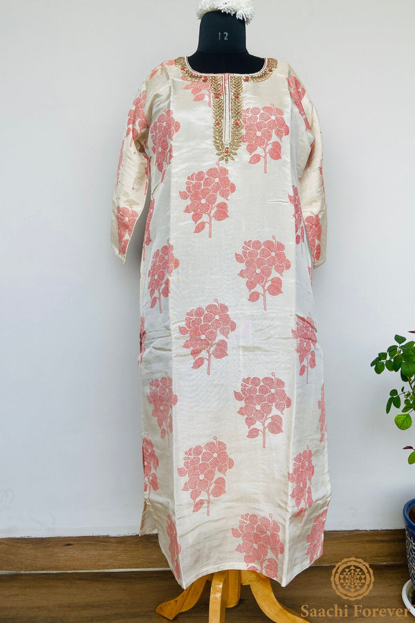 Creamy Shade & Red Shimmer Dola Silk Hand Zardosi Suit - 3 Piece