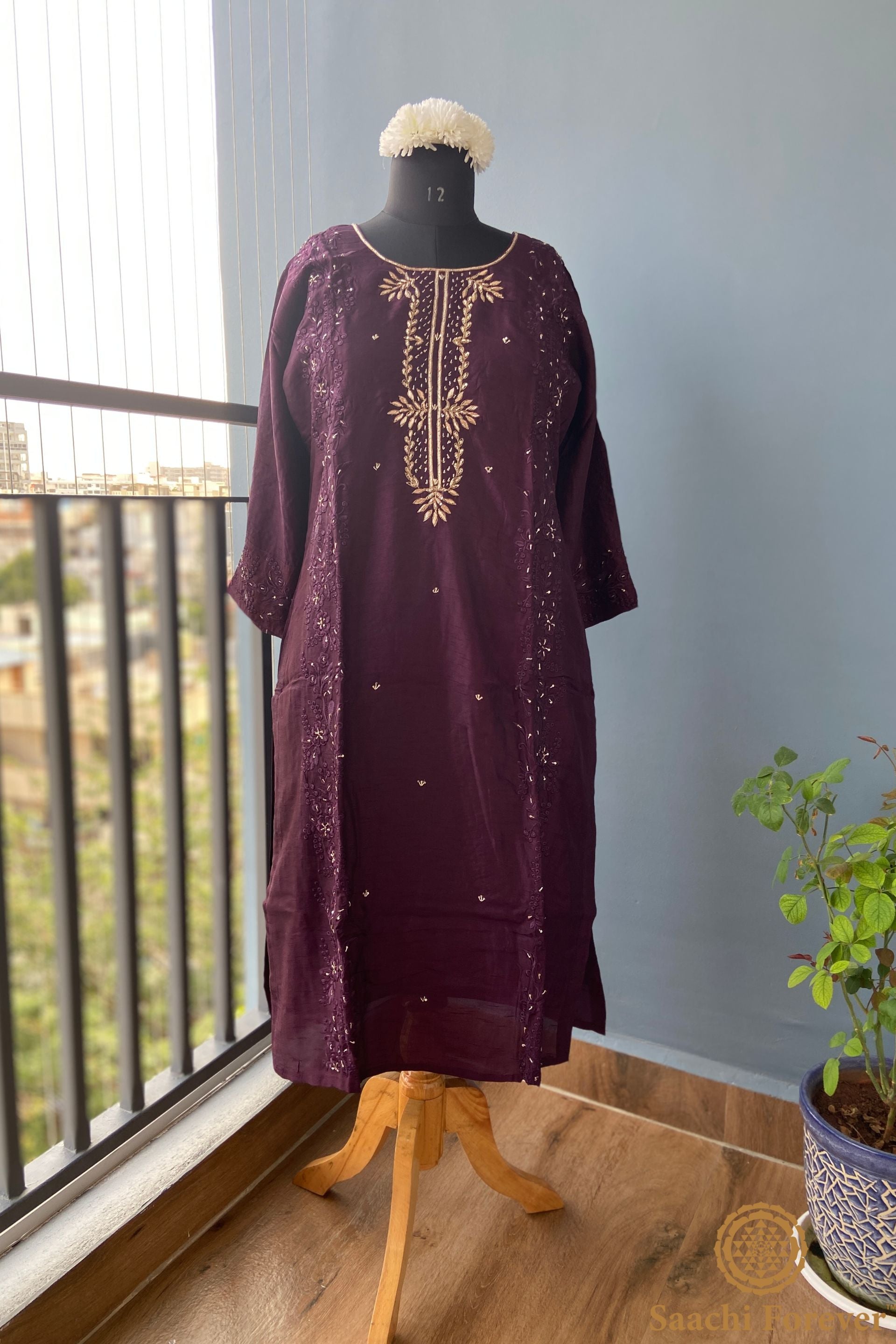 Wine Dola Silk Hand Zardosi & Thread Work Suit Set - 3 Piece