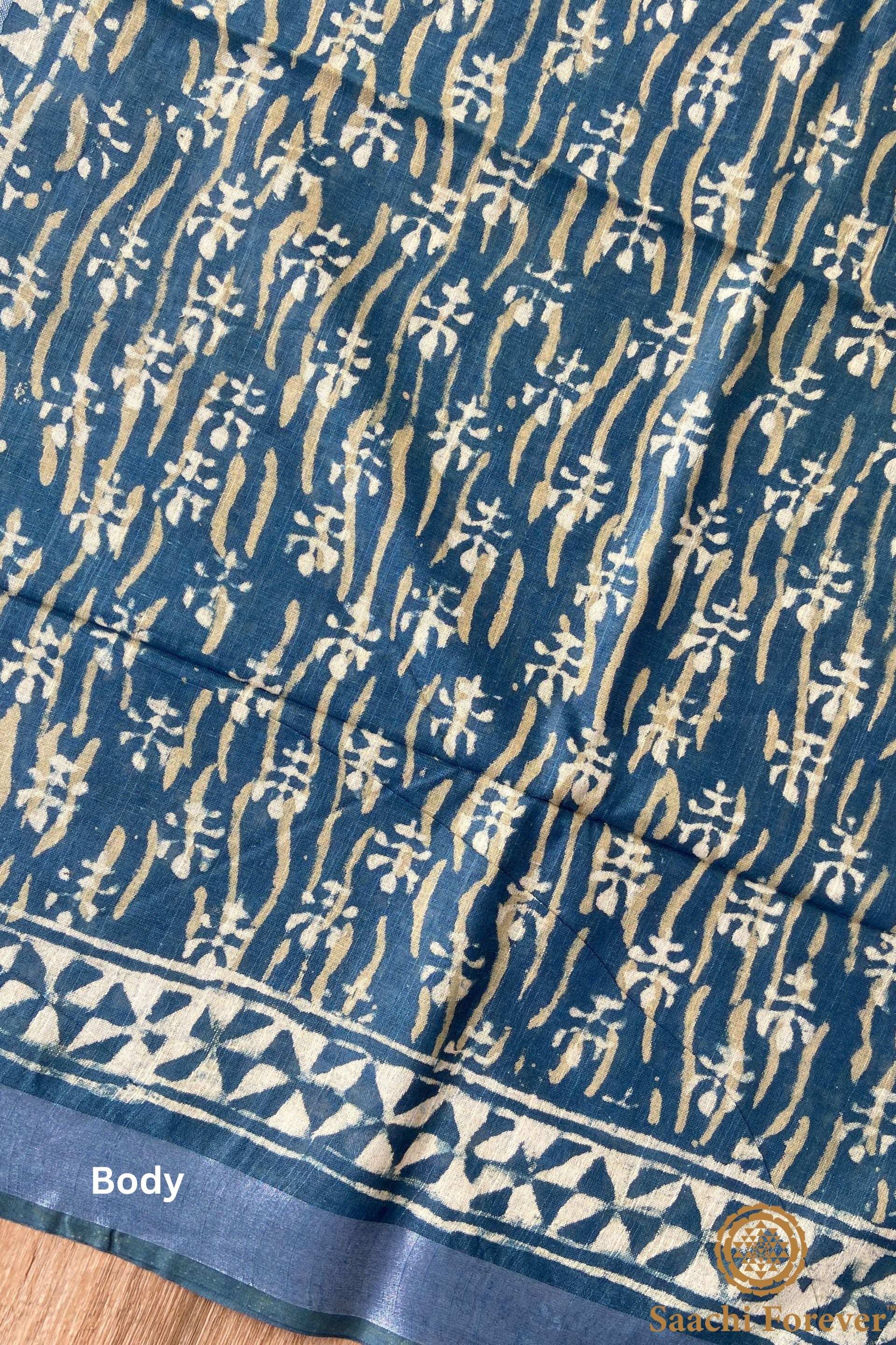 Indigo Green Block Printed Linen silver zari Saree
