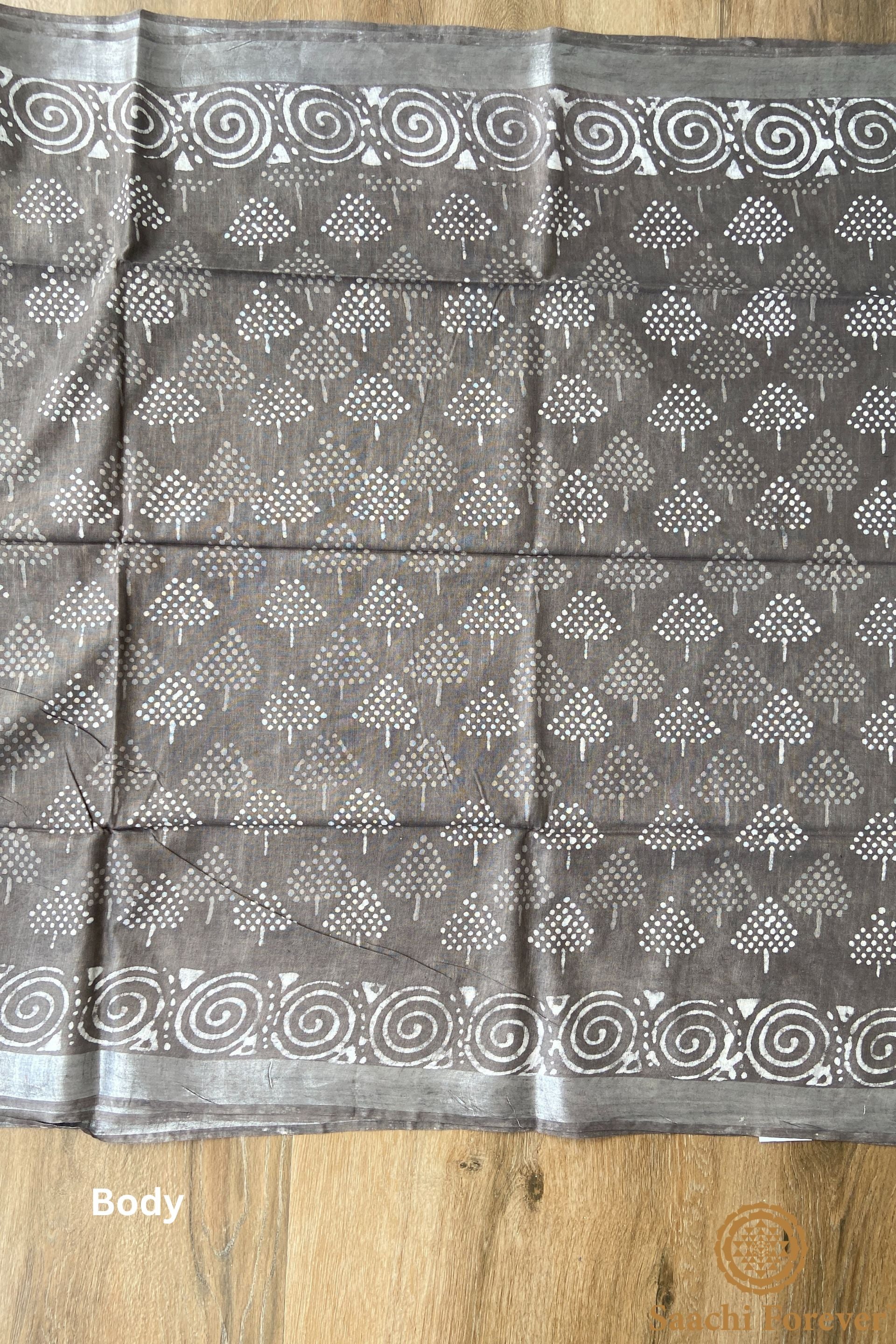 Light Grey Block Printed Linen silver zari Saree