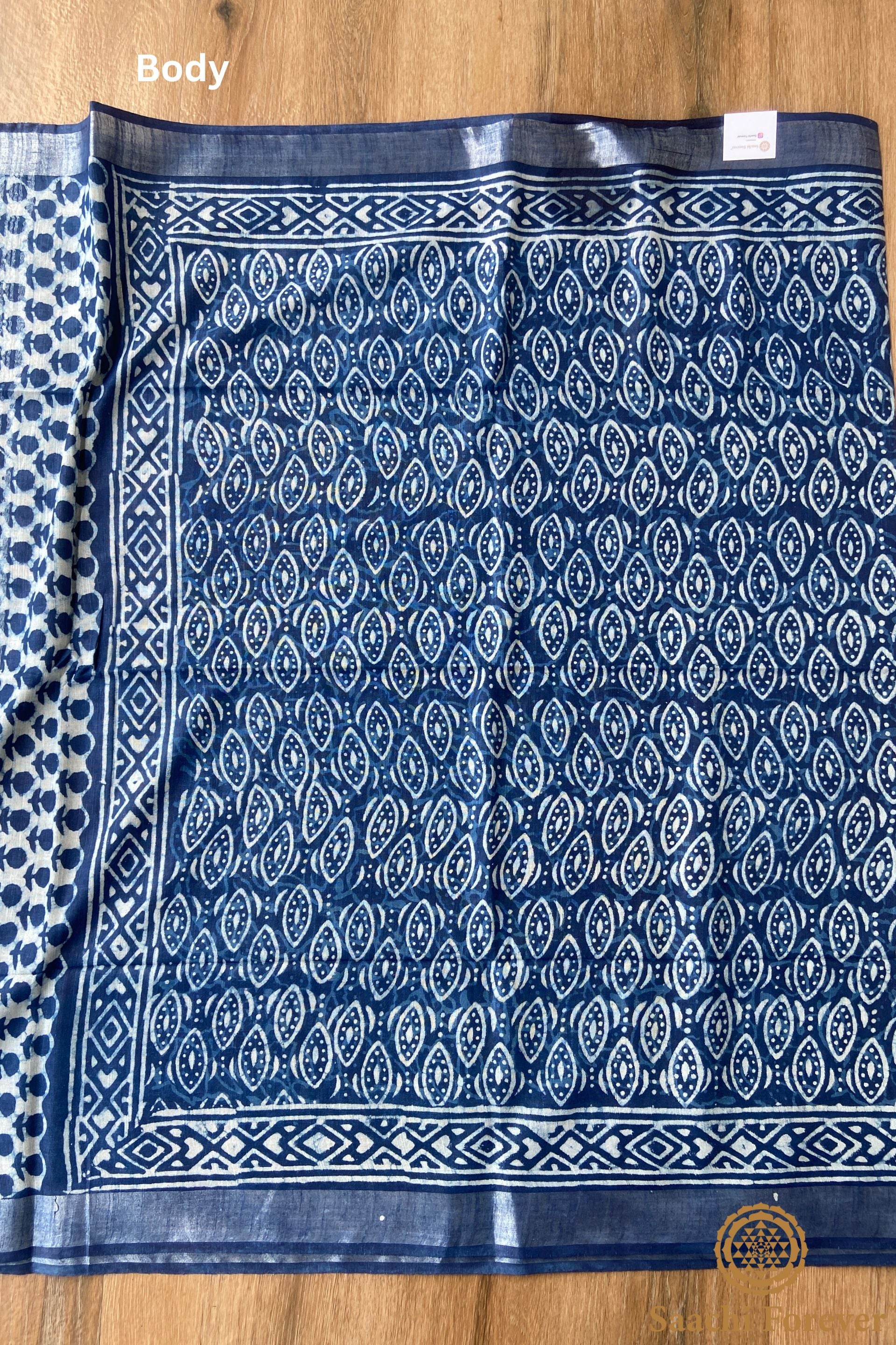 Indigo Block Printed Linen silver zari Saree