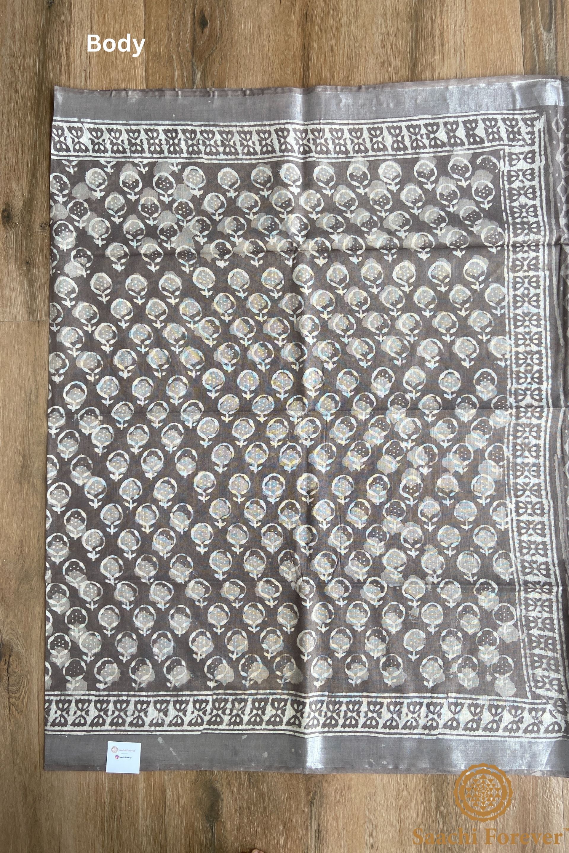 Light Grey Block Printed Linen silver zari Saree