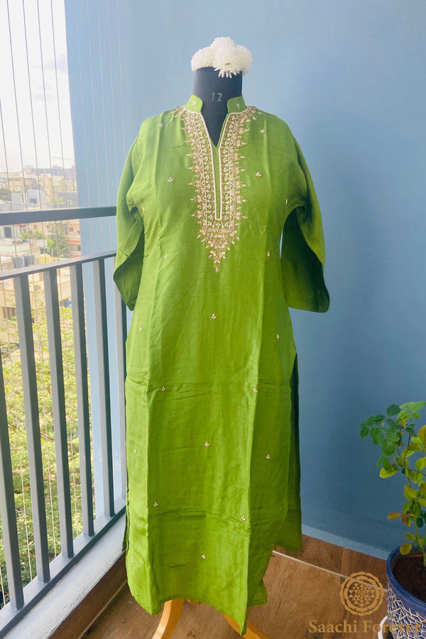 Parrot green Dola Silk Gota Patti & Hand zardosi suit set - 3 Piece
