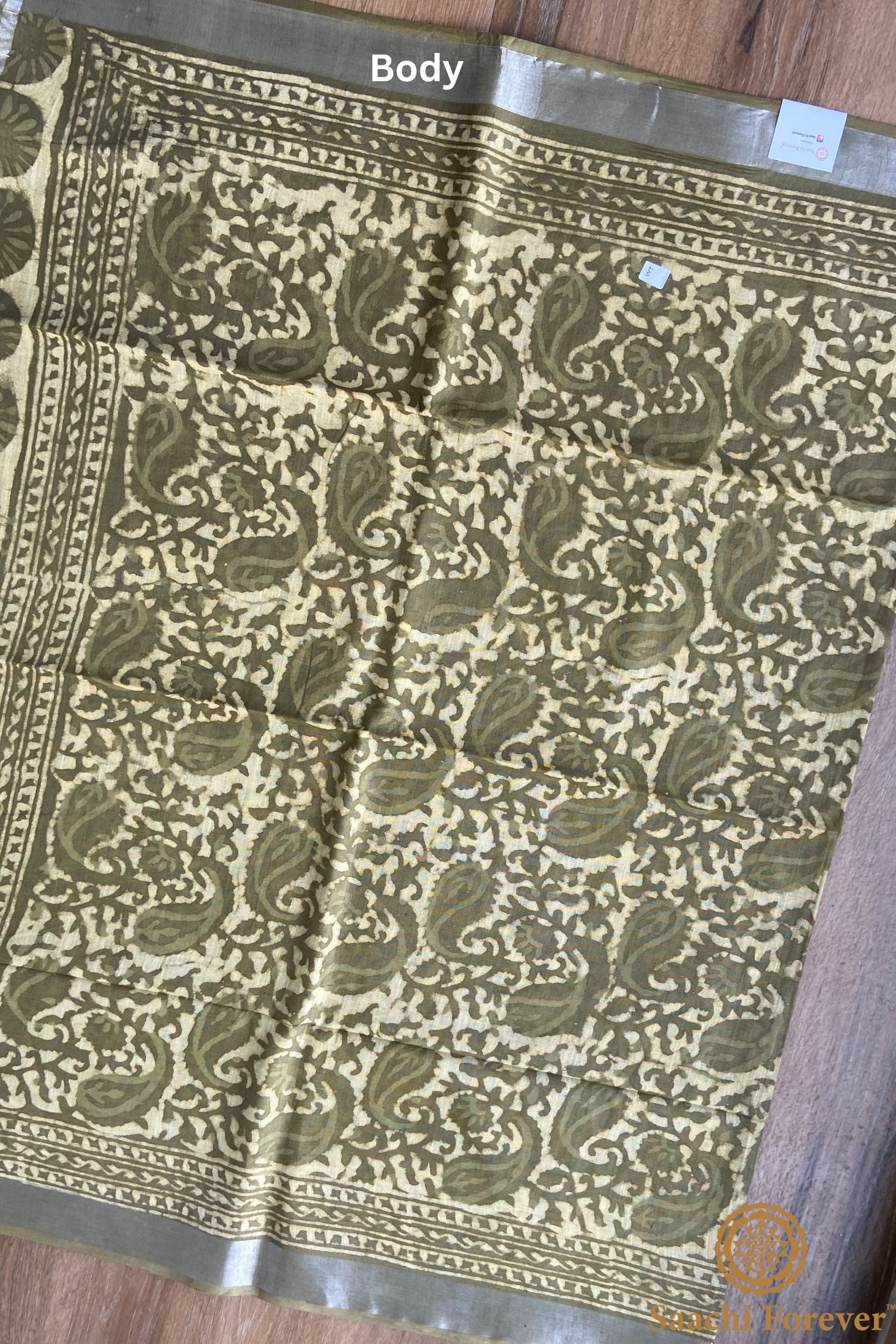 Olive Green Block Printed Linen silver zari Saree