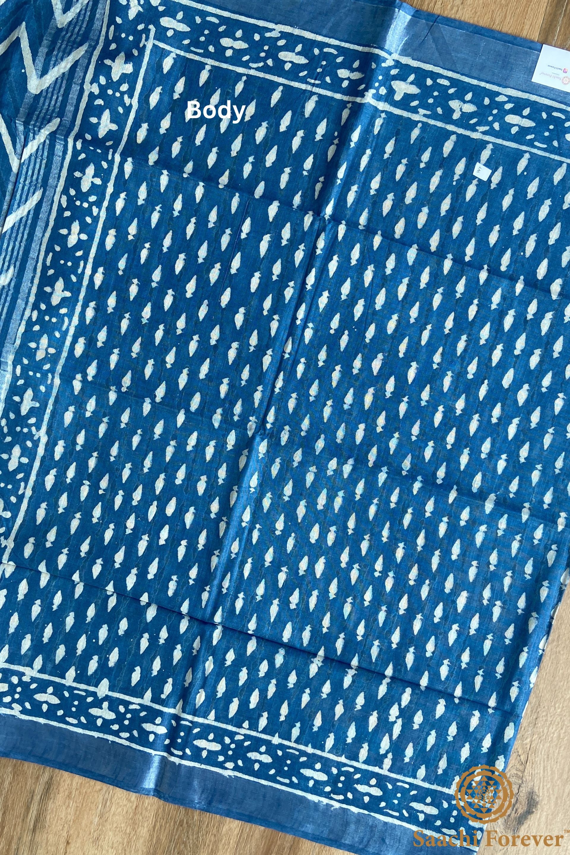 Light Blue Block Printed Linen silver zari Saree